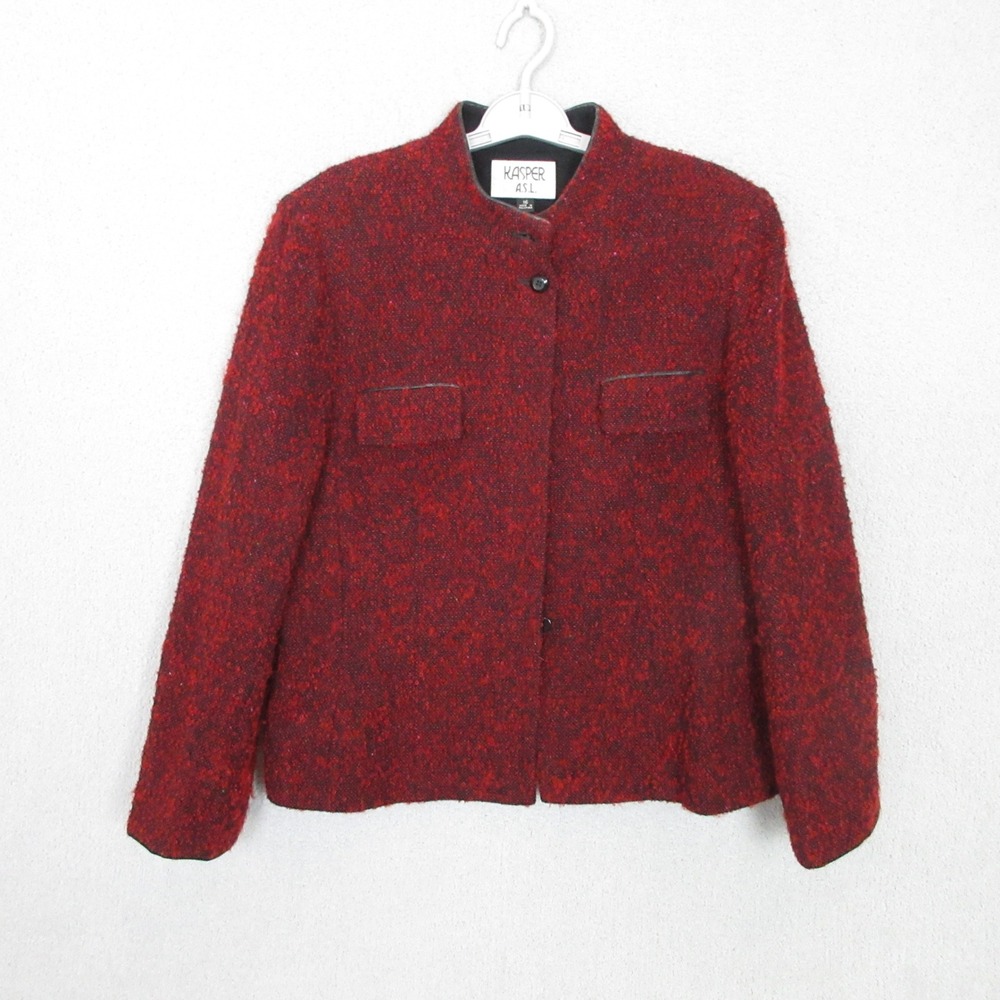 Kasper ASL Blazer Women 16 Red Wool Mohair Blend Tweed Mandarin Collar Jacket